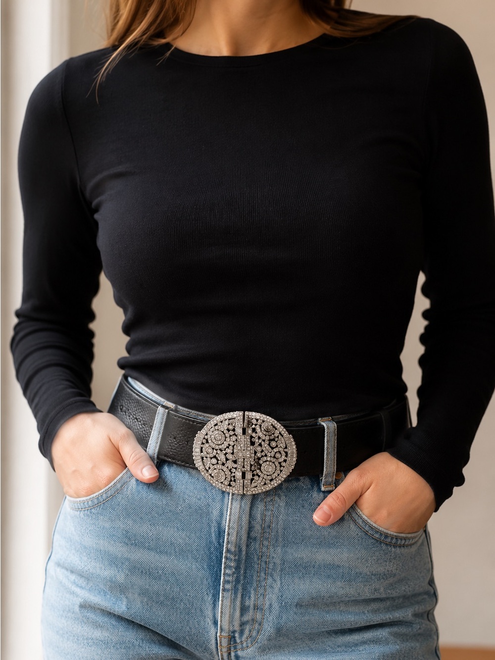 Vintage Judith Leiber Black Leather Crystal Statement Belt